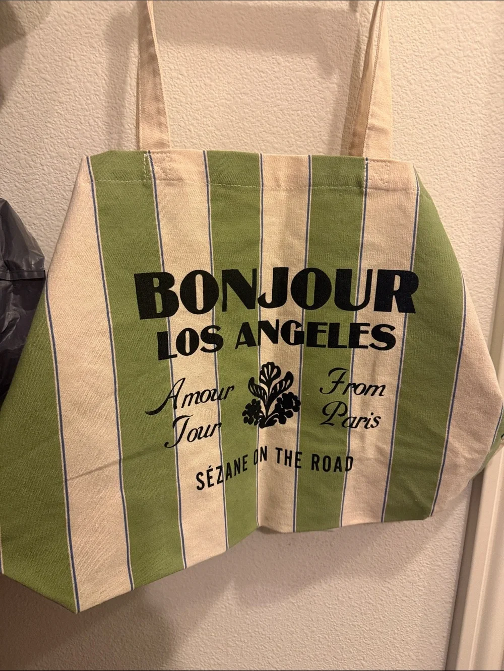Sezane Green and Cream Striped Tote with Bold Bonjour Los Angeles Print
